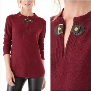 TORY BURCH Mim Tunic Burgundy Leather Buckle Alpaca Blend Sweater